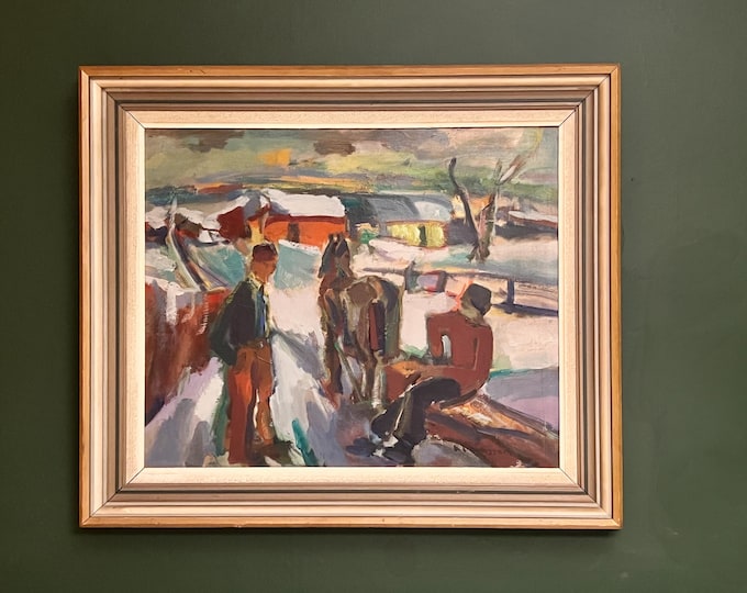 Framed Mid 20th Century Oil on canvas, "Loggers in a Winter Landscape" Karl-Erik Jonsson