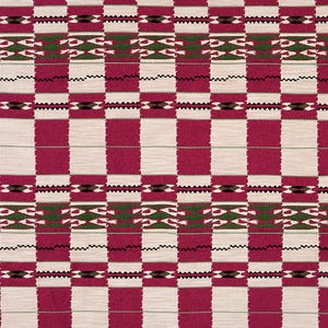 May include: A close-up of a woven textile with a repeating pattern of alternating vertical stripes in fuchsia and off-white. The design includes geometric shapes in green, black, and white, creating a textured, patterned fabric.