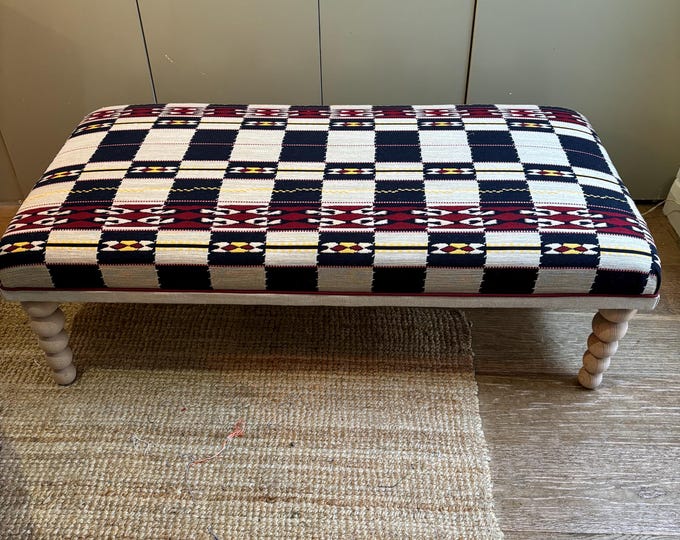 Bespoke Christopher Farr Cloth Ottoman footstool in custom sizes and a upholstered in Chubby Check with turned bobbin or bamboo style legs