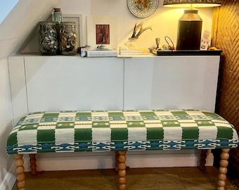 Bespoke Christopher Farr Cloth Chubby Check upholstered bench with turned bobbin legs