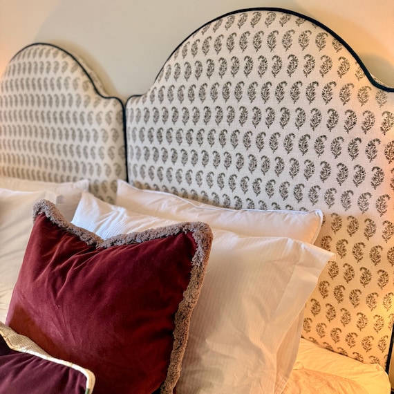 Bespoke upholstered floor-standing headboard in your own fabric with optional piping, in a range of shapes and sizes