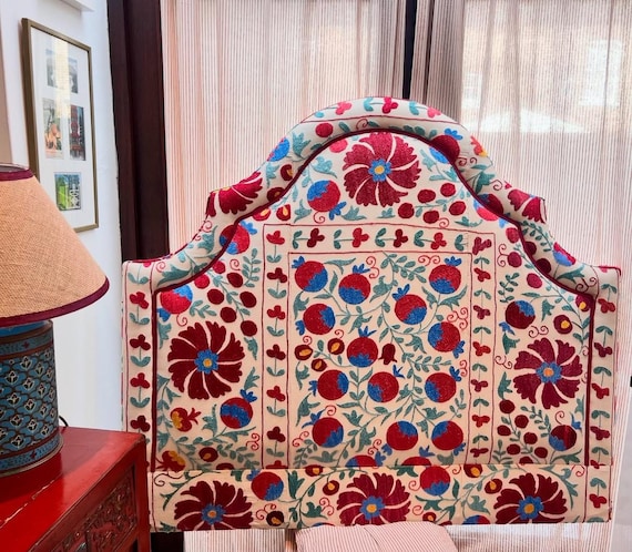 Bespoke luxury silk-embroidered Suzani upholstered headboard made to order