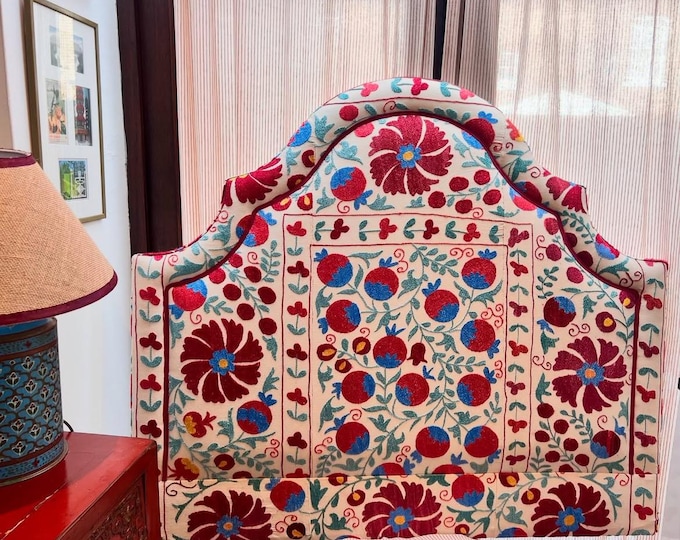 Bespoke luxury silk-embroidered Suzani upholstered headboard made to order