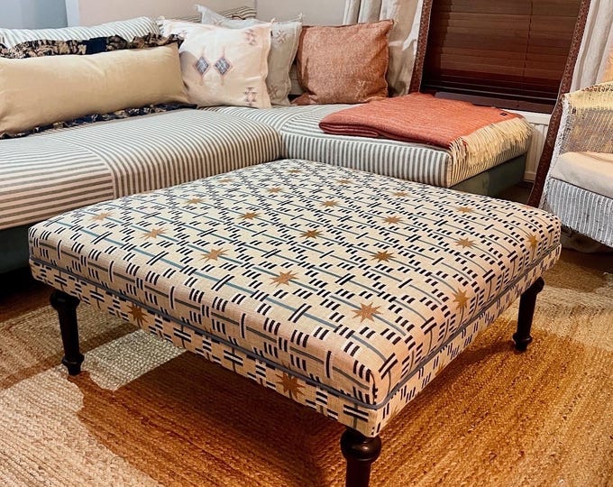 Bespoke Studio Ashby piped ottoman footstool in Afua, Disa or  Patch, Paloma Plaid and a choice of turned beech legs waxed or painted