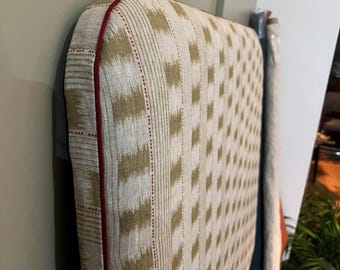 Bespoke Ikat Stripe linen upholstered floor-standing headboard with piping, available in all bed sizes and a range of shapes and colours.