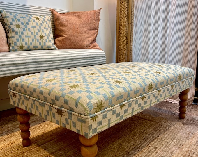 Bespoke Studio Ashby piped ottoman footstool in Afua, Disa or  Patch, Paloma Plaid and a choice of turned beech legs waxed or painted