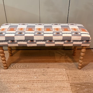 Bespoke Christopher Farr Cloth Chubby Check upholstered bench with turned bobbin legs image 14