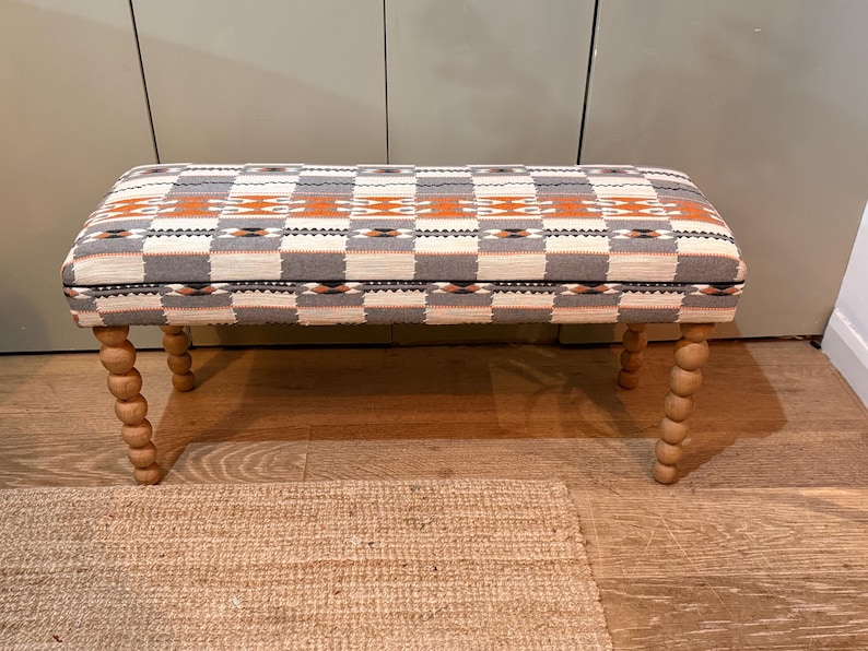 Bespoke Christopher Farr Cloth Chubby Check upholstered bench with turned bobbin legs image 14
