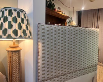 Bespoke Ikat Stripe linen upholstered floor-standing headboard with piping, available in all bed sizes and a range of shapes and colours.