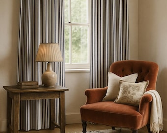 A pair of cotton Ticking curtains, medium weight, fully interlined and made to order