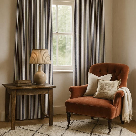 A pair of cotton Ticking curtains, medium weight, fully interlined and made to order