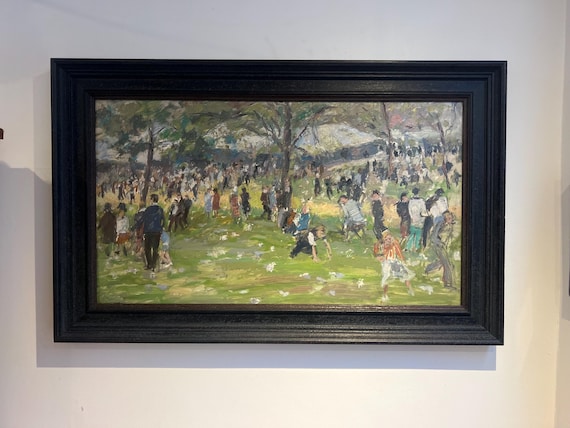 Large Mid-century Oil on board, “A Day in the Park” by British Artist Simon Goldberg (1916-2002)