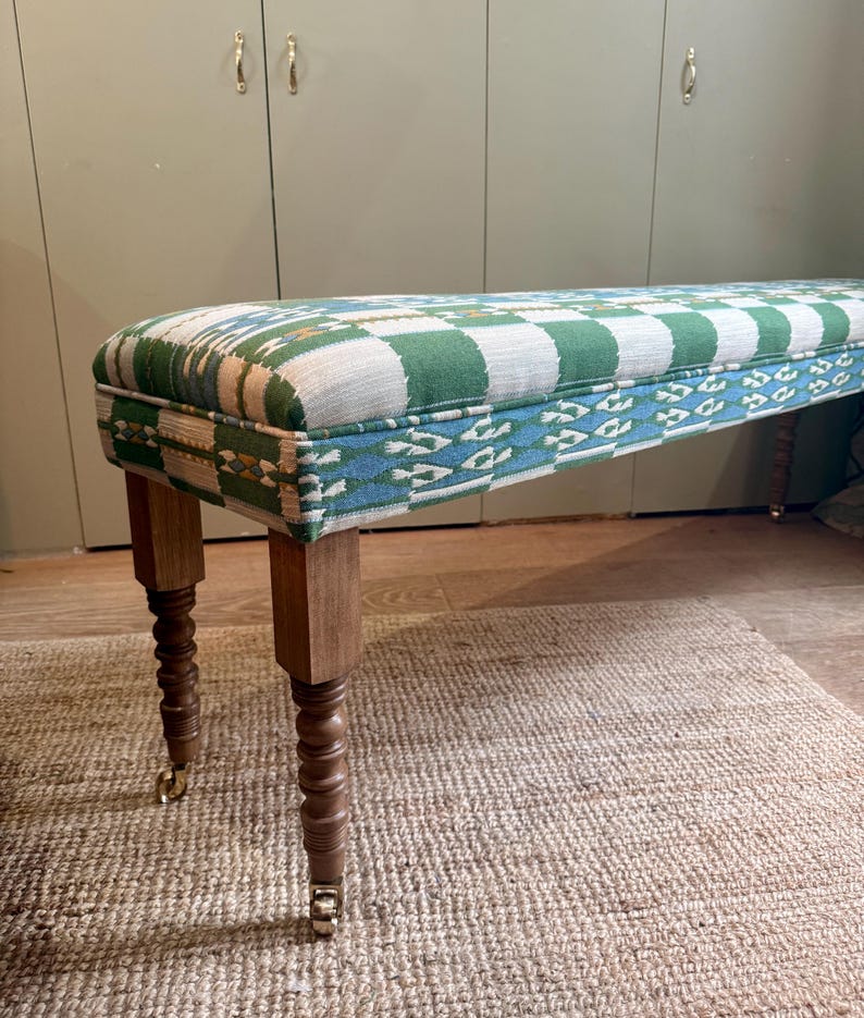 Bespoke Christopher Farr Cloth Chubby Check upholstered bench with turned bobbin legs image 13