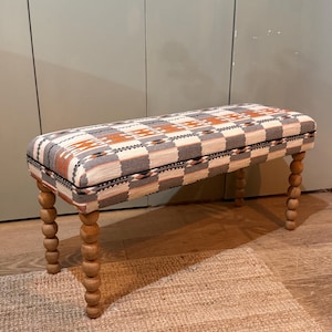 Bespoke Christopher Farr Cloth Chubby Check upholstered bench with turned bobbin legs image 5