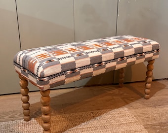 Bespoke Christopher Farr Cloth Chubby Check upholstered bench with turned bobbin legs