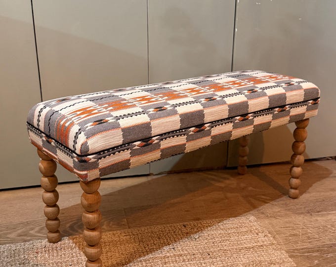 Bespoke Christopher Farr Cloth Chubby Check upholstered bench with turned bobbin legs