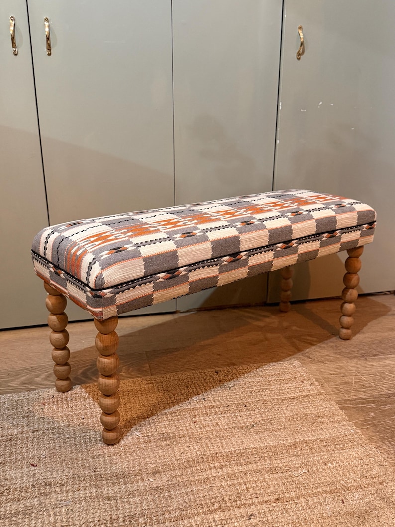 Bespoke Christopher Farr Cloth Chubby Check upholstered bench with turned bobbin legs image 5
