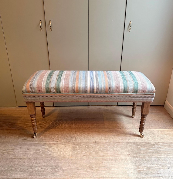 Bespoke bench with turned legs in customer’s own material or a fabric supplied by us