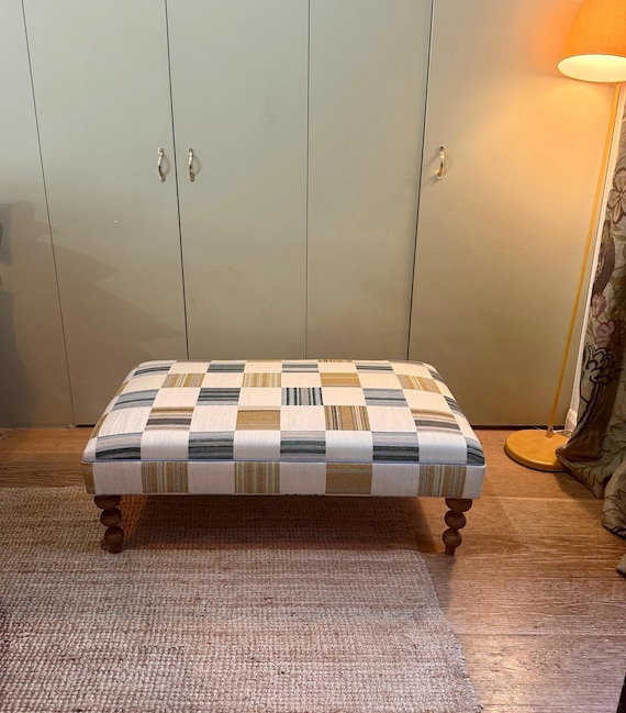 Bespoke Ottoman Footstool, Client Fabric, Turned Beech Legs, Custom Sizes Available