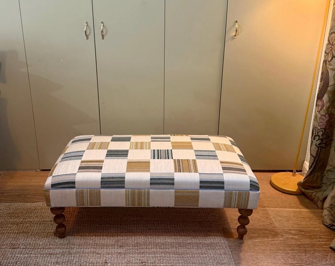 Bespoke footstool ottoman in client's own fabric, custom sizes available and a choice of turned wooden legs