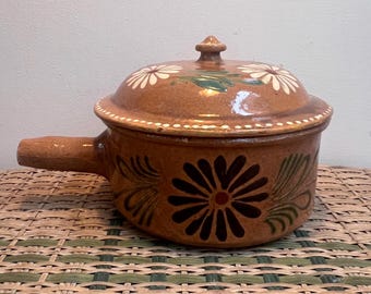 Charming vintage hand painted glazed casserole pot originating from South of France