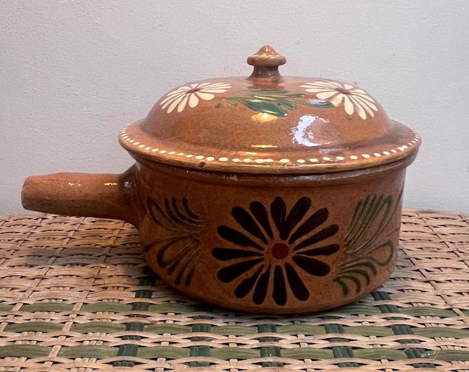 Charming vintage hand painted glazed casserole pot originating from South of France