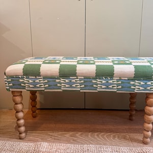Bespoke Christopher Farr Cloth Chubby Check upholstered bench with turned bobbin legs image 15