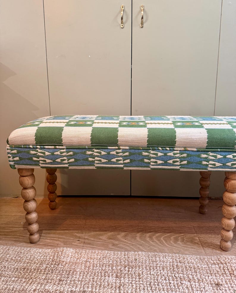 Bespoke Christopher Farr Cloth Chubby Check upholstered bench with turned bobbin legs image 15