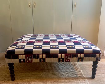 Christopher Farr Chubby Check Ottoman Footstool: Bespoke sizes, piped finish and turned Beech Legs