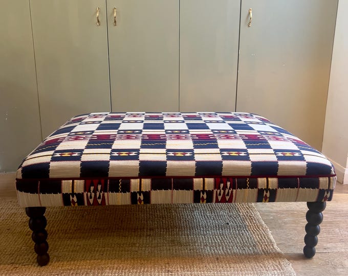 Christopher Farr Chubby Check Ottoman Footstool: Bespoke sizes, piped finish and turned Beech Legs