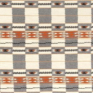 May include: A woven textile with a repeating geometric pattern. The design features alternating squares of gray and off-white, with bands of orange and black geometric shapes. The overall aesthetic is reminiscent of traditional Southwestern designs.