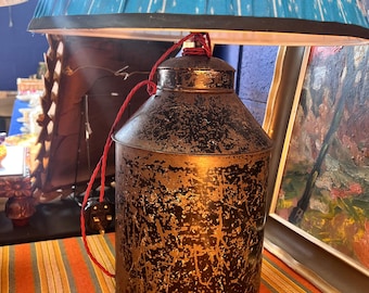 Large 19th Century  toleware lamp with traditional brass fittings. Collectible and unique.