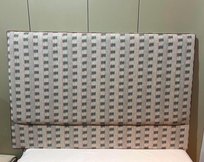 Bespoke Dakkar Ikat linen upholstered pillow-stop headboard, strutted or wall hung  with piping detail