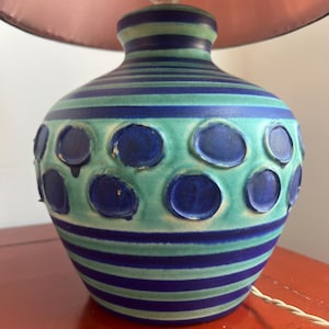 Hand decorated English pottery lamp in striking electric blue and turquoise, circa 1960s