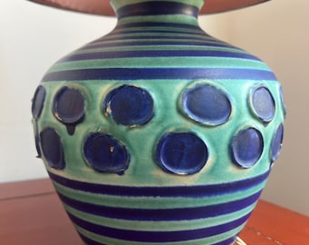 Hand decorated English pottery lamp in striking electric blue and turquoise, circa 1960s