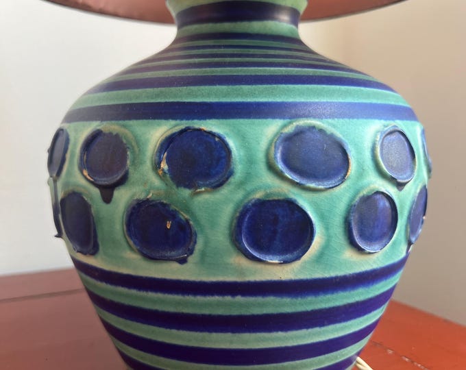 Hand decorated English pottery lamp in striking electric blue and turquoise, circa 1960s