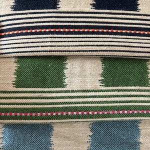 Op de afbeelding: Close-up van een textiel met een herhalend patroon. Het ontwerp bevat rechthoekige vormen in marineblauw, groen en lichtblauw, afgewisseld met horizontale strepen in zwart en wit. De strepen zijn geaccentueerd met dunne oranje en roze lijnen.