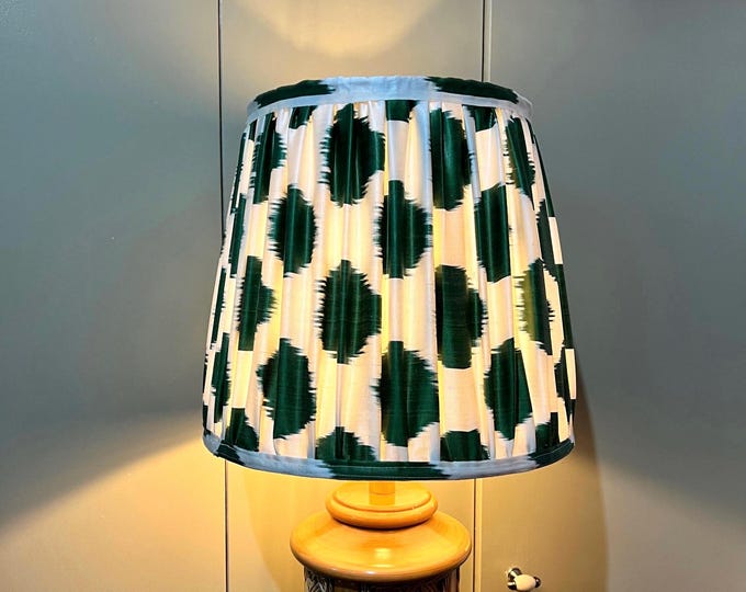 Traditional handmade, block printed green silk Ikat lamp shade, pleated or ruched in various sizes