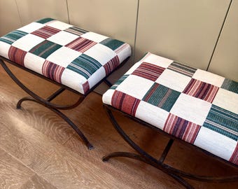 Pair of Vintage wrought-Iron Curule Stools Upholstered in Studio Ashby Patch in Madder