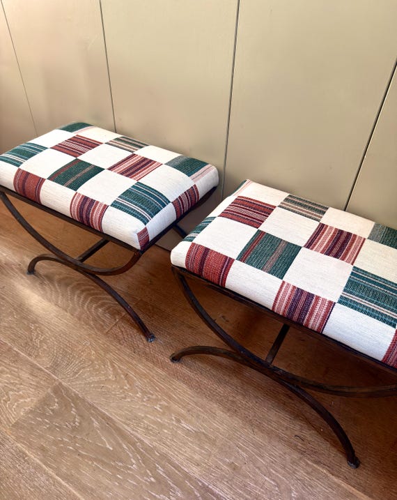 Pair of Vintage wrought-Iron Curule Stools Upholstered in Studio Ashby Patch in Madder