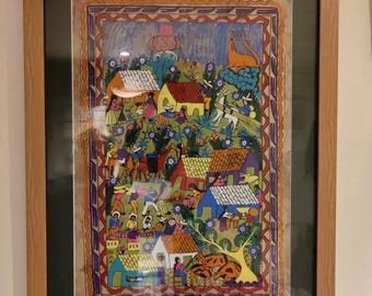 Large Vintage Mexican Amate Bark Painting Framed & Glazed.