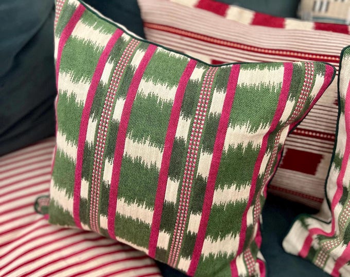 Handmade piped cushions in Manuel Canovas Frida and Kita fabrics backed with natural linen in a various sizes