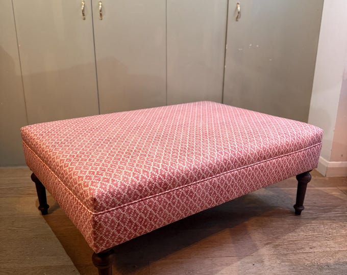 Bespoke footstool ottoman in client's own fabric, custom sizes available and a choice of turned wooden legs