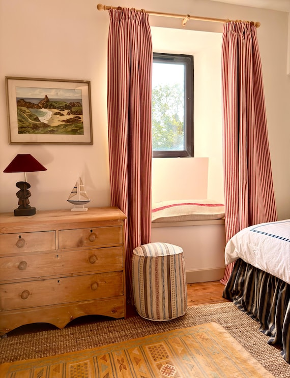 A pair of cotton Ticking curtains, medium weight, fully interlined and made to order
