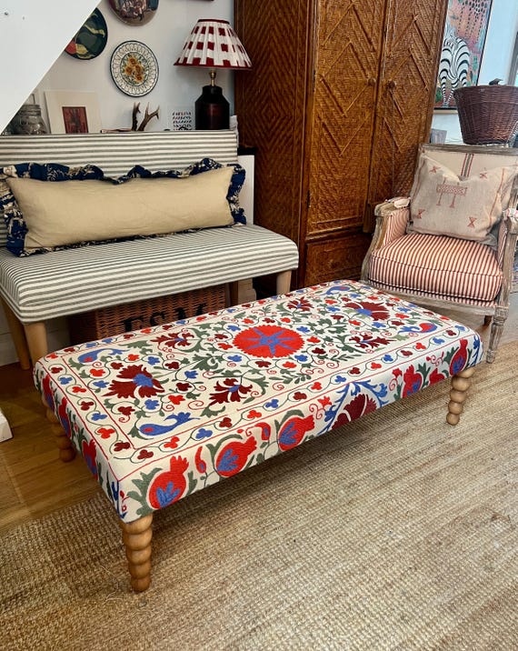 Hand embroidered vintage silk Suzani ottoman footstool with a choice of turned beech legs