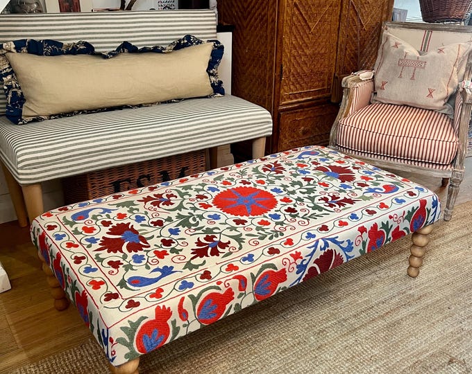 Hand embroidered vintage silk Suzani ottoman footstool with a choice of turned beech legs