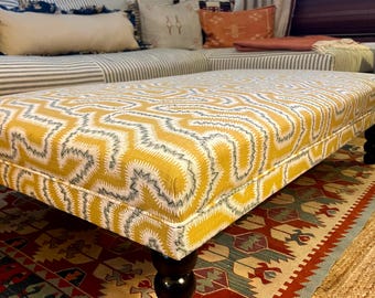 Bespoke footstool / ottoman in customers own fabric, custom sizes available and a choice of turned wooden legs