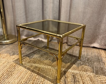 Hollywood Regency style faux bamboo brass side table with smoky glass top