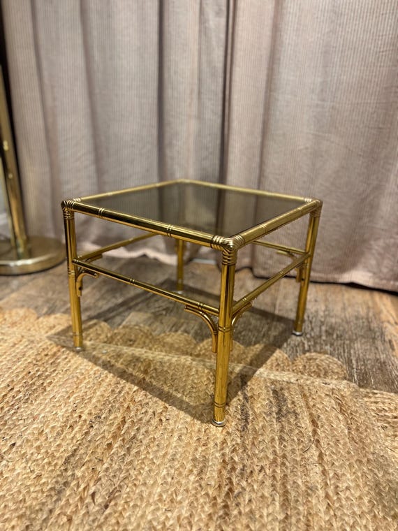 Hollywood Regency Style Faux Bamboo Brass Side Table With Smoky