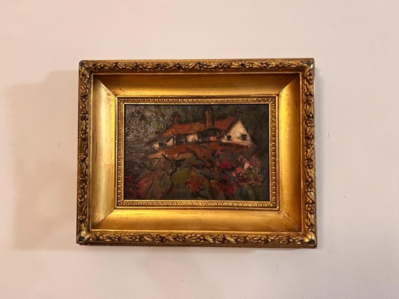 Mid-Century Cottage Oil Painting, Ornate Gilt Frame (1964 Leslie Hunter)